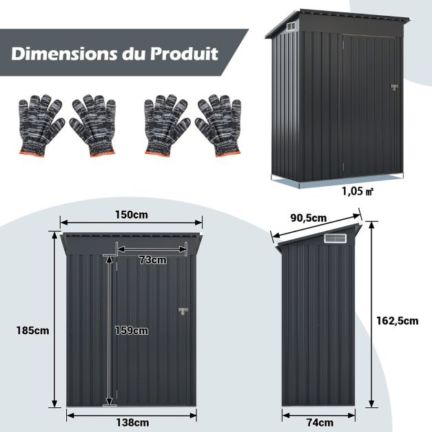 Abri de Jardin en Métal Galvanisé 150 x 90,5 x 185 cm avec Toit en Pente