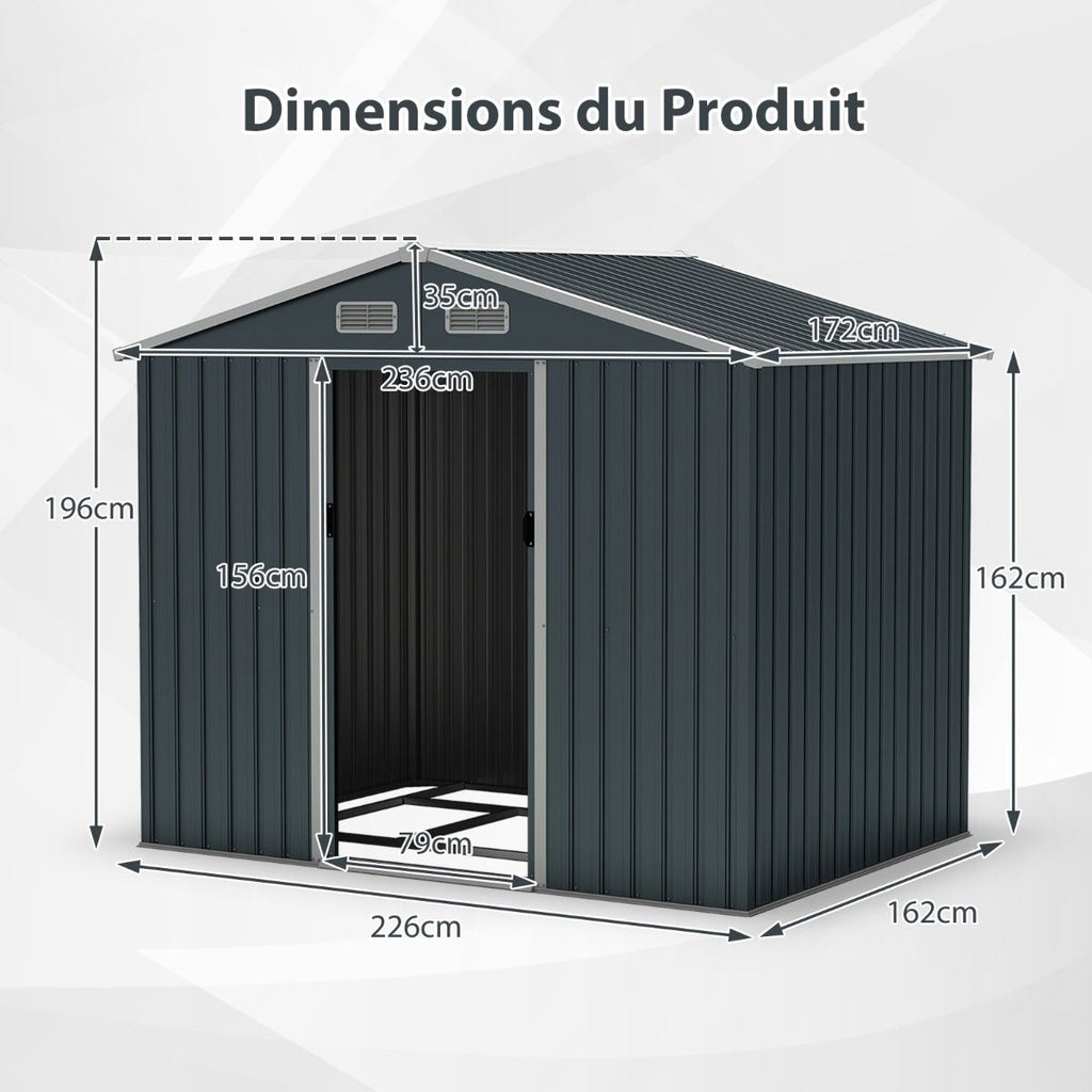 Abri de Jardin en Métal 226 x 162 x 196 cm avec Toit Incliné et Portes Coulissantes