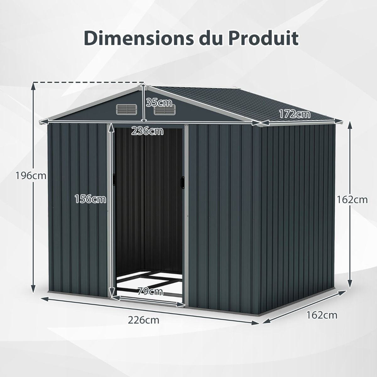 Abri de Jardin en Métal 226 x 162 x 196 cm avec Toit Incliné et Portes Coulissantes