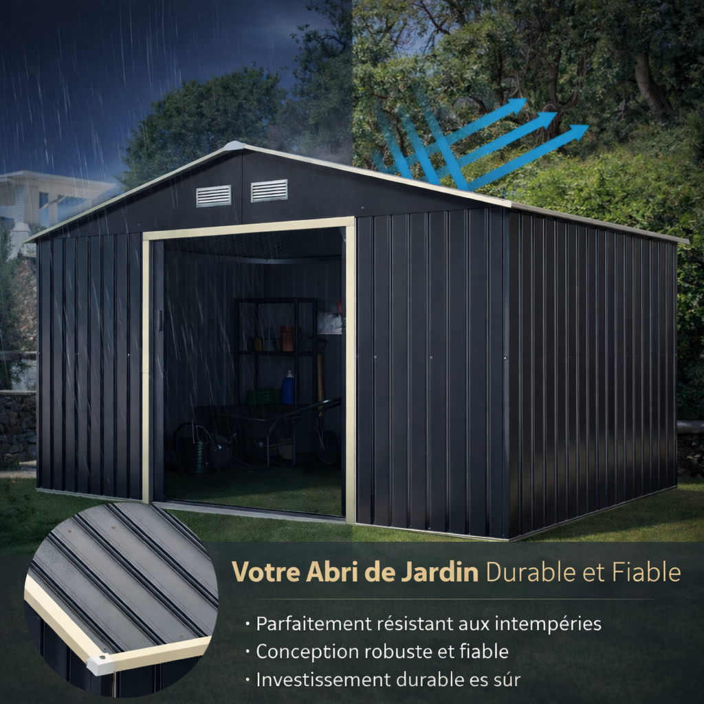 Abri de Jardin en Métal 8,67 m² 340 x 255 x 210 cm avec 2 Portes Coulissantes Verrouillables