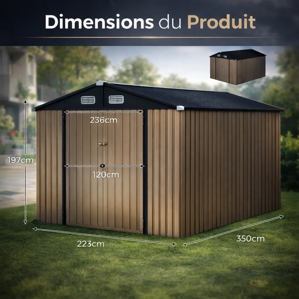 Abri de Jardin en Métal 350 x 223 x 197 cm  avec Toit Incliné Portes Verrouillables