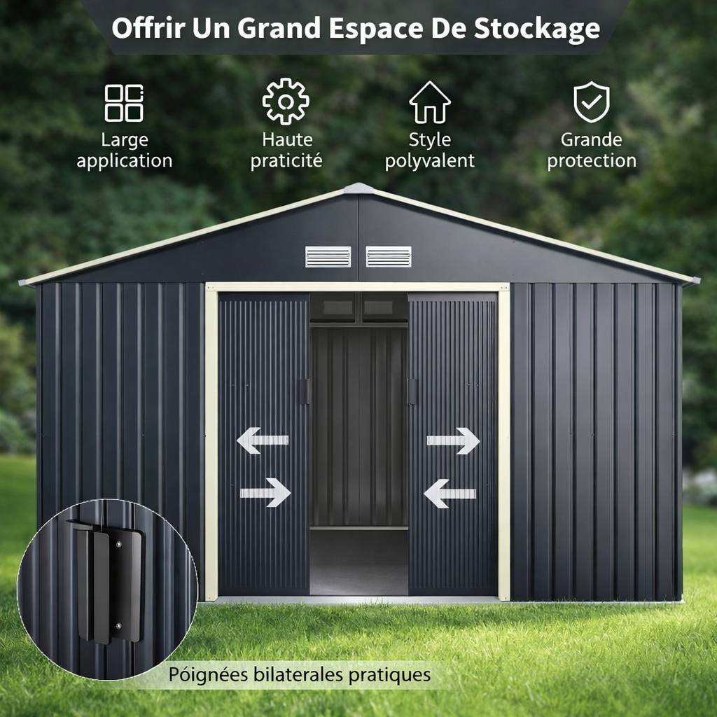 Abri de Jardin en Métal 8,67 m² 340 x 255 x 210 cm avec 2 Portes Coulissantes Verrouillables