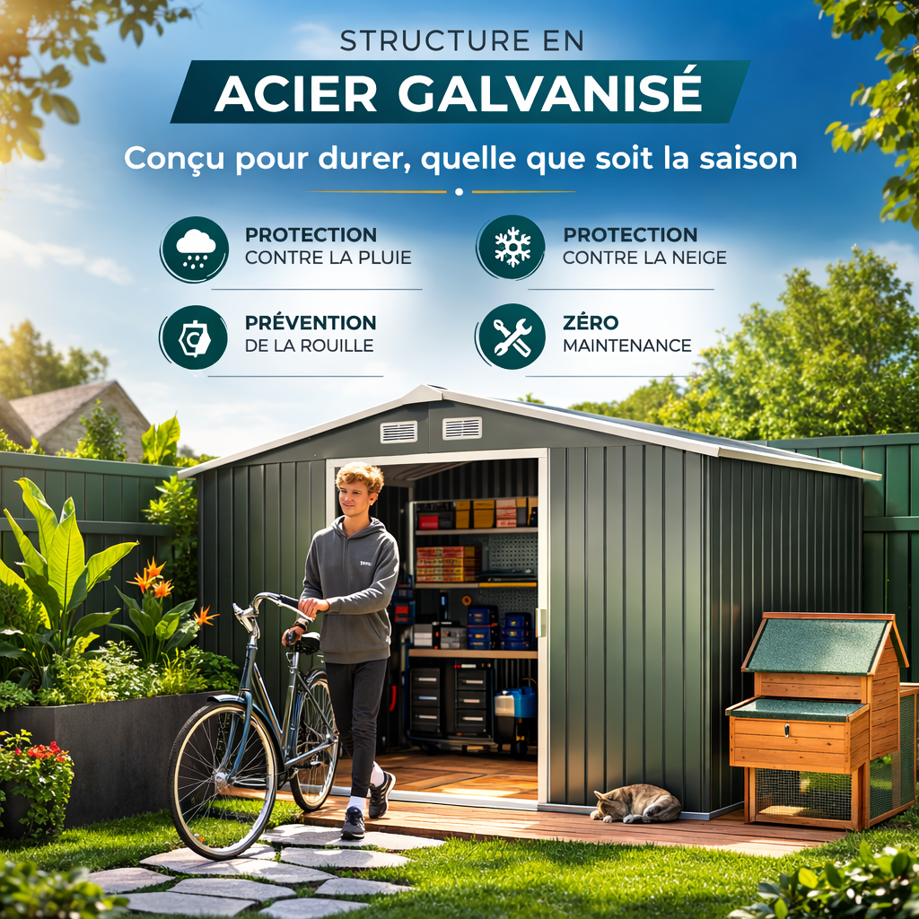 Abri de Jardin en Acier 5,4 m² 277 x 195 x 192 cm avec Porte Coulissante et avec ventilations