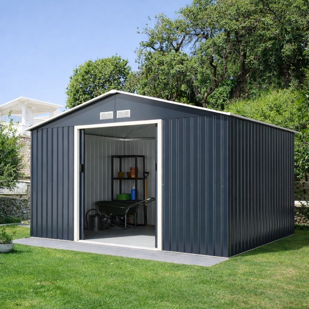 Abri de Jardin en Métal 8,67 m² 340 x 255 x 210 cm avec 2 Portes Coulissantes Verrouillables