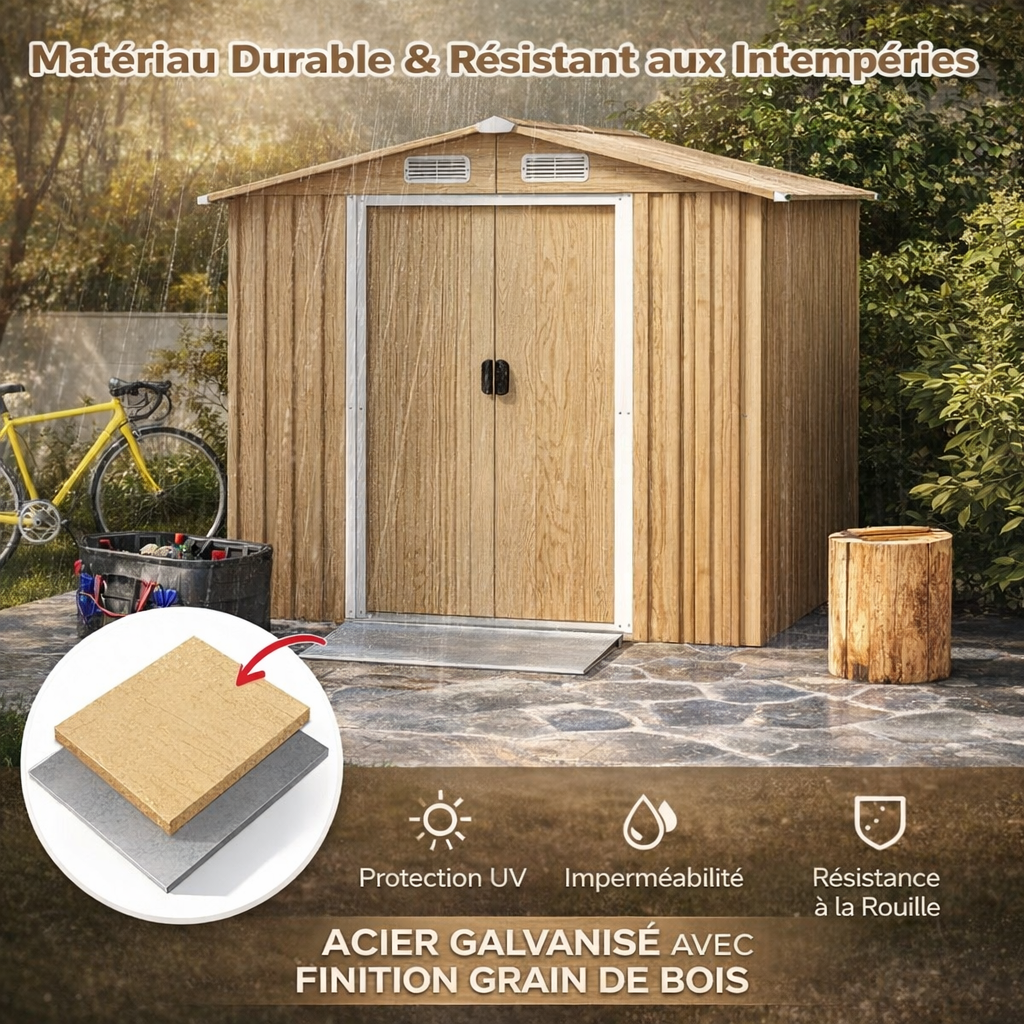Abri de Jardin en Acier Galvanisé 2.3 m² 196x142x186cm Anti-UV avec Porte Coulissante