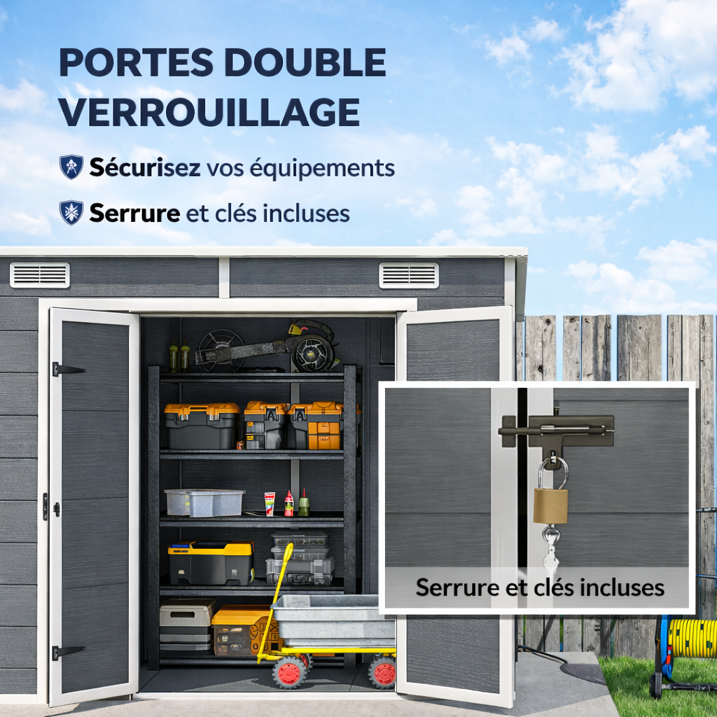 Abri de Jardin en Résine 238 x 125 x 183 cm avec Portes Verrouillables